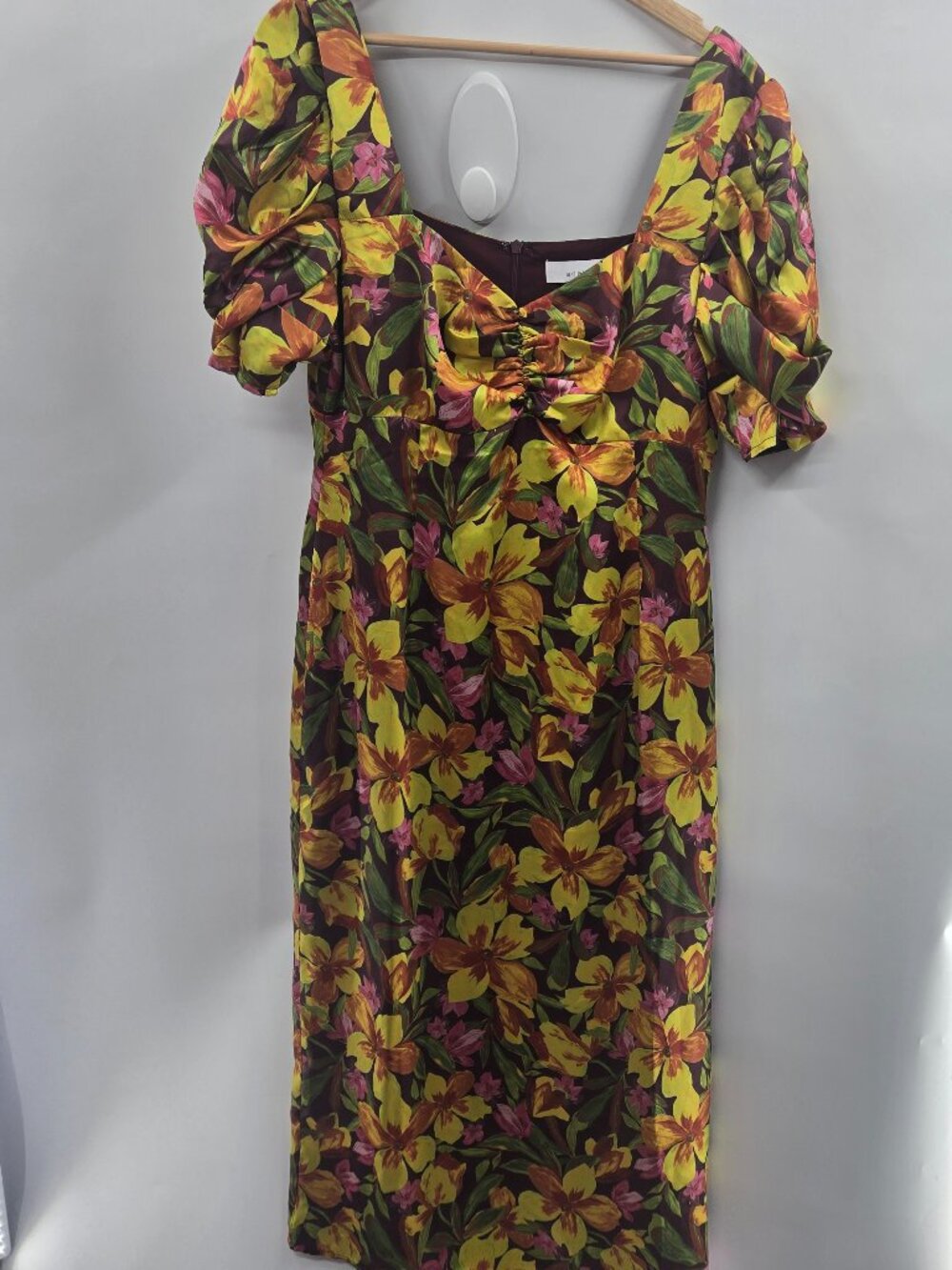 Adelyn Rae Floral Botanical Sweetheart Puff Sleeve Midi Dress Size XL